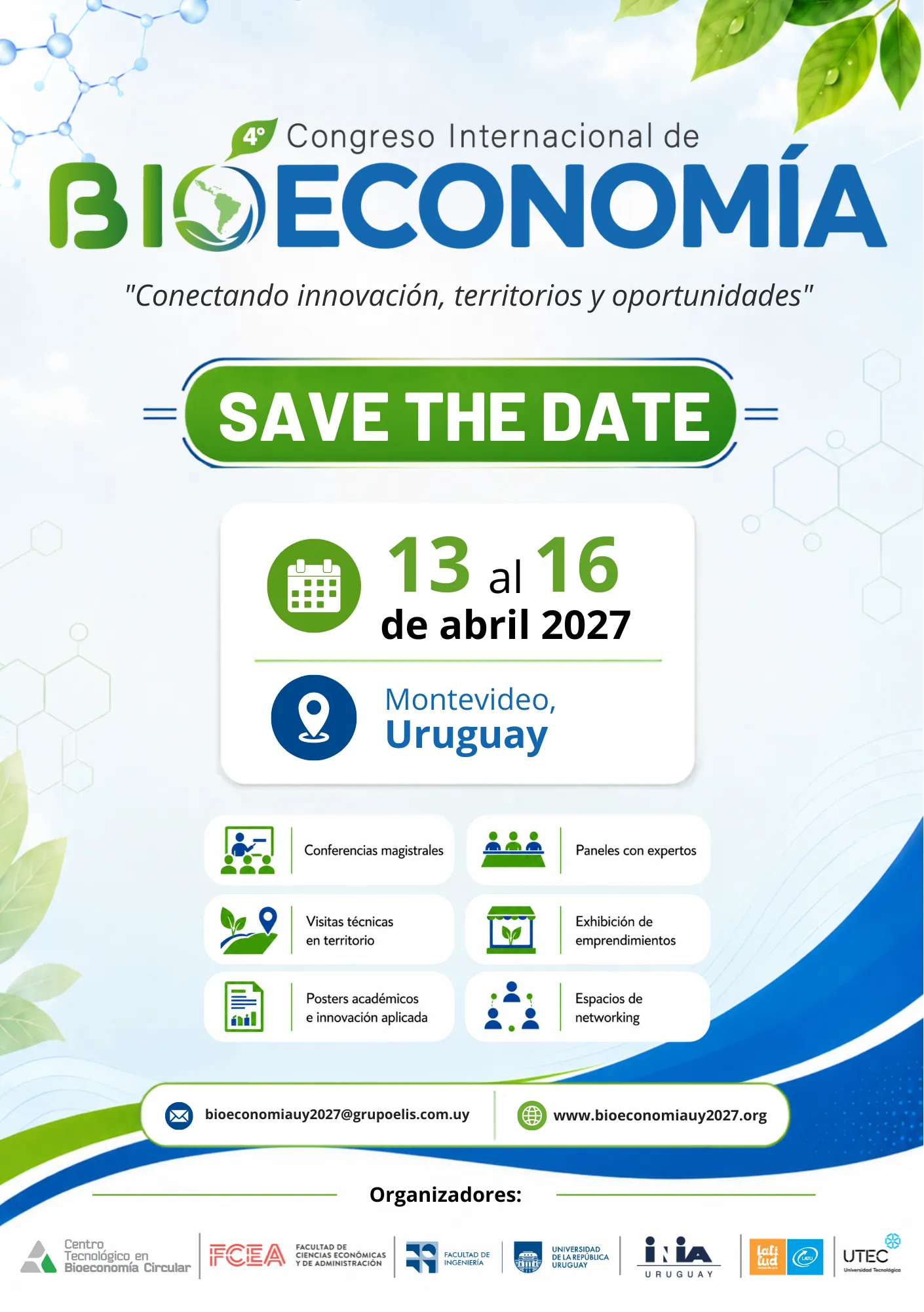 Save the Date — 4º Congreso Internacional de Bioeconomía, 13 al 16 de abril de 2027, Montevideo, Uruguay